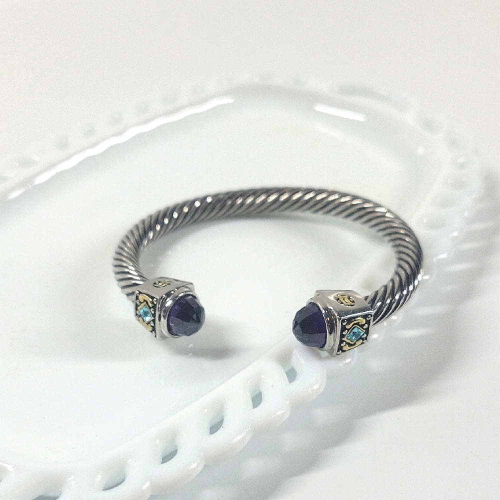 Silver Gemstone Twist Cable Cuff Bracelet Purple Blue
